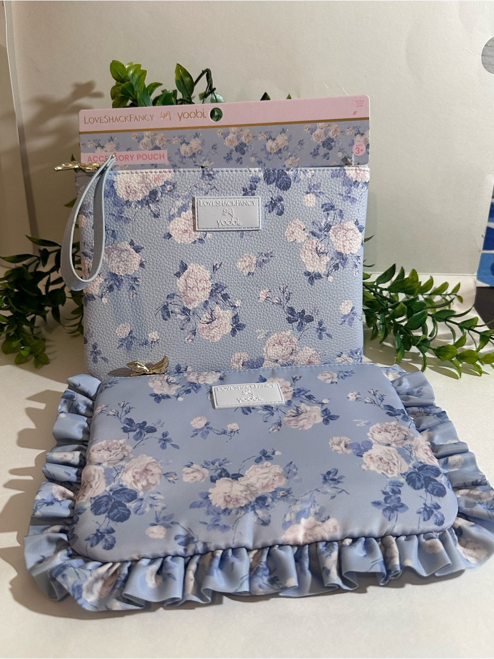 LoveShackFancy Blue Floral Wristlet and Ruffle Pouch Set